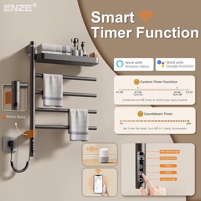 ENZE Smart Rotating Heated Towel Rack for Bathroom, 4-Bar Wall-Mounted Electric Towel Warmer with Swivel Shelf, Wi-Fi App Control, 24H Timer, Stainless Steel, IPX5, Hardwired/Plug-in, Gray