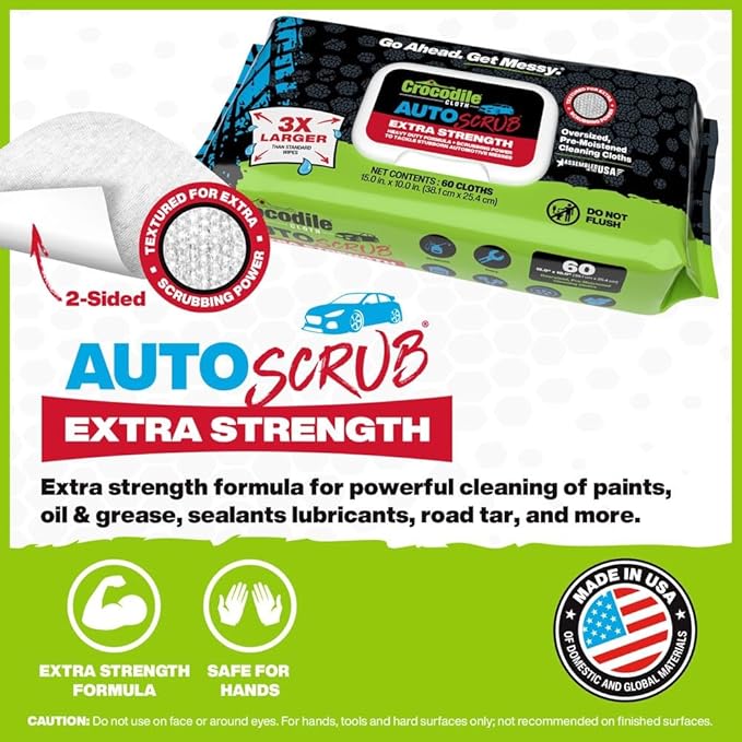 Crocodile Cloth AutoSCRUB Cleaning Wipes – 60-Count (15” x 10”) Cleaning Cloths Remove Oil, Grease, Paint, Tar, Brake Dust, Hydraulic Fluid, Silicone, Sealants & Road Grime from Tools & Hands