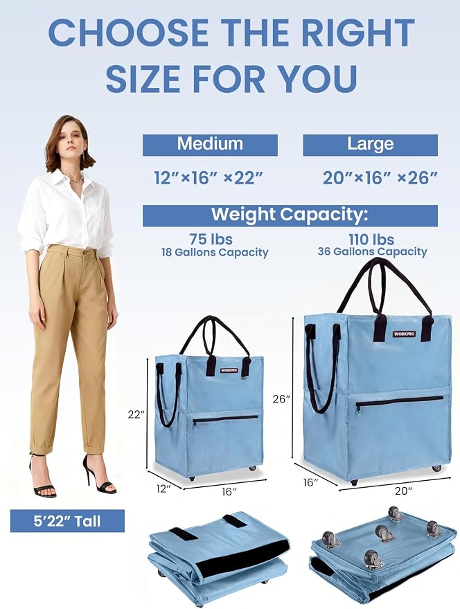 WORKPRO Large Rolling Grocery Bag, 36-Gallon Tote with 5 Wheels, 110 lbs Capacity, Dual Carry, Wide Zipper & Extra Storage for Shopping, Laundry & Moving