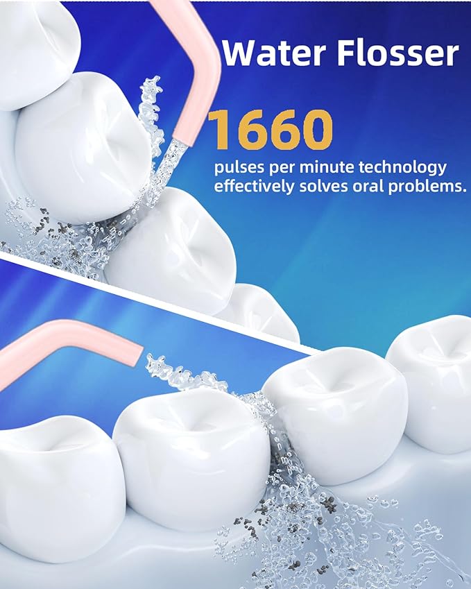 Electric Water Dental Flosser - Cordless Portable Teeth Cleaner, Rechargeable 320ML Larger Water Tank Oral Irrigator, 4 Modes with 5 Jet Tips and Travel Bag, IPX7 Waterproof (Pink)