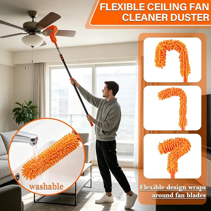 26FT High Ceiling Duster with Extension Pole, High Reach Duster Cleaning Kit, Ceiling Fan Cleaner Duster, Cobweb Dusters & Window Cleaning Squeegee Kit for Fan Blades, Furniture, Corner, Long Dusters