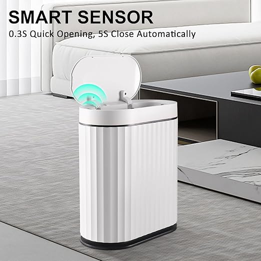 ELPHECO Bathroom Trash Can with Lid 2 Gallon Small Sensor Garbage Can, Slim Smart Trash Bin, Waterproof Automatic Wastebasket, Narrow Plastic Garbage Bin for Bathroom, Kitchen, Office, Black White