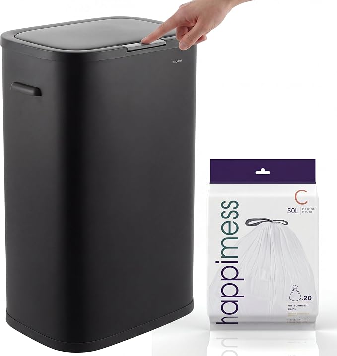 happimess HPM1017B Tammi Kitchen 14.5-Gallon Slim Metal Push Button Trash Can, Fingerprint Resistant, Modern, Minimalistic for Home, Kitchen, Laundry Room, Office, Bedroom, Bathroom, Charcoal Black