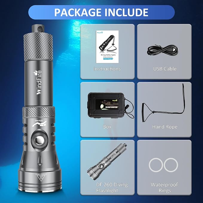 WINDFIRE Dive Lights Scuba Diving Flashlight, High-Powered Waterproof Flash Light with Power Indicator, 4 Modes, 12° Beam Angle, Underwater Scuba & Snorkeling Torch for Diving (Grey)