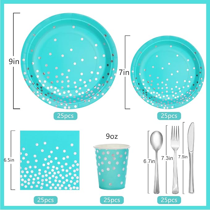 175PCS Teal Party Decorations, Turquoise Paper Plates Serve 25, Teal Plates and Napkins With Silver Plastic Silverware for Birthday, Graduation Party, Wedding, Baby Shower
