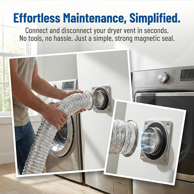 Magnetic Dryer Vent Hose 4 Inch, Airtight Seal Reduces 90% Lint, Flexible Duct 0.5-5ft, Heavy Duty & High Temp, No Tools for Daily Cleaning, Fits 0-8" Offset, Magnetic Coupling Kit