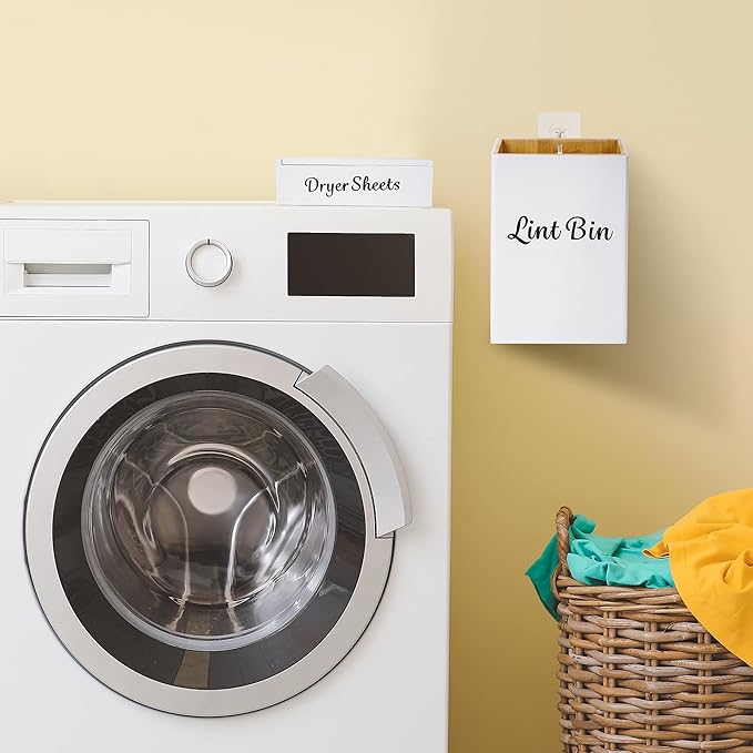 FJO Magnetic Lint Bin 10’’ x 7’’ and Dryer Sheet Holder 8’’ x 5’’ , Wall Mounted Bamboo Wood Trash Can Compact Size Laundry Room Accessories Supplies