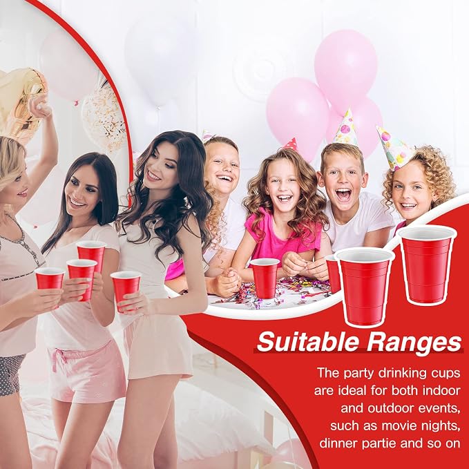 Lounsweer 100 Pcs 16 oz Disposable Party Cups Plastic Heavy Duty Drinking Water Cups for Birthday Baby Shower Wedding BBQ Picnic Party Supplies(Red)