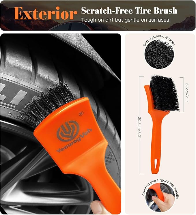 YeewayVeh 7PCS Motorcycle Cleaning Kit with 2-Size Bendable Wheel Brushes-Hard Reach Brush,Tire and Chain Brush, Boar Hair Detailing Brush, Wash Mitt & Microfiber Towel for Dirt Bike & Car Wheels