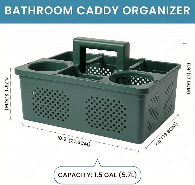 KMV Dorm Room Portable Shower Caddy with Adjustable Compartments - Ventilated Drainage Design with Handles, Perfect Toiletries Organizer for College Dorms-green
