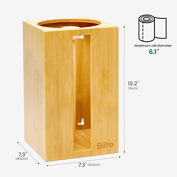 Bamboo Paper Towel Holder with Hooks – One-Hand Tear, Dustproof, No-Drill Adhesive & Wall Mount, Under Cabinet/Countertop Dispenser for Kitchen, Garage & Workshop | Fits Jumbo Roll