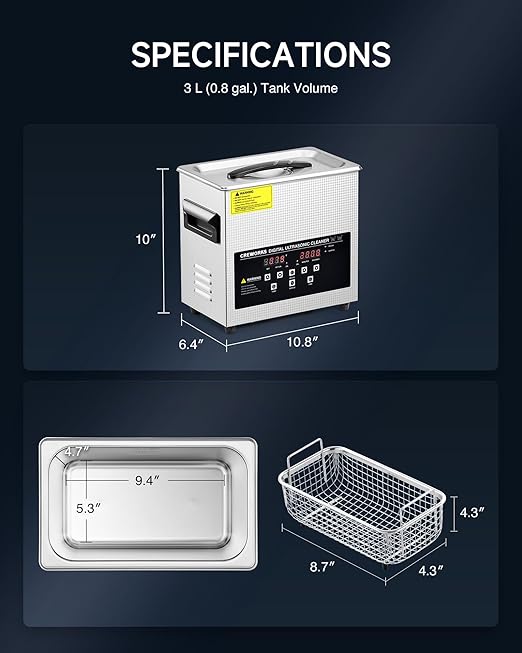 CREWORKS 3L Digital Ultrasonic Cleaner with Degas & Gentle Modes, 0.8 gal. Ultrasonic Cleaning Machine, 120W Professional Ultrasound Cleaner with 150W Heater & 1-30 min. Timer for Glasses Toys Tools