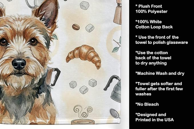 Caroline's Treasures Norwich Terrier Coffee Bar Kitchen Towel Velour Plush Front and Cotton Loop Back Machine Washable