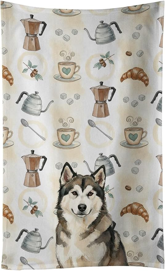 Caroline's Treasures Sable and White Alaskan Malamute Coffee Bar Kitchen Towel Velour Plush Front and Cotton Loop Back Machine Washable
