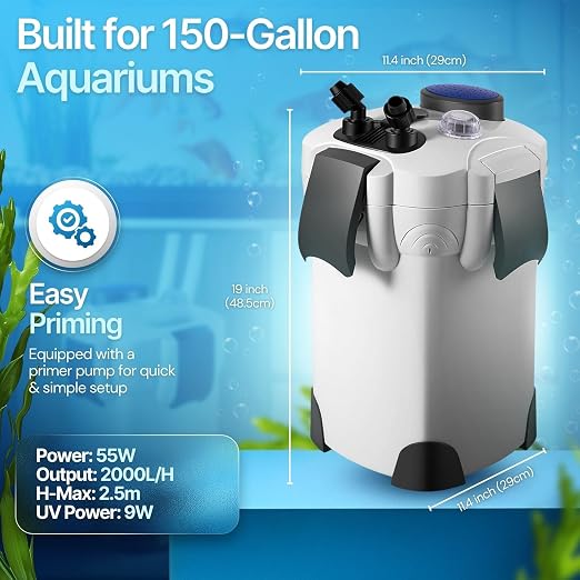 Flexzion Aquarium Canister Filter with 525GPH Flow Rate, UV-C Lamp, Spray Bar, & 3-Stage Media Filtration for up to 100 Gallon Fish Tanks - Ultra-Quiet External Canister Filters for Aquarium