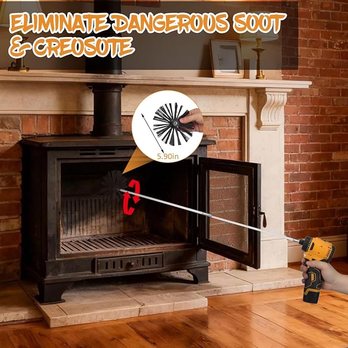 ULTECHNOVO 20ft Dryer Vent Cleaner Kit with 15 Flexible Rods, Us 5/16"-18 Thread Chimney Sweep Kit, 4" & 6" Brush Heads for Lint Removal, Power Drill Attachment Chimney Cleaning Tool for Fire