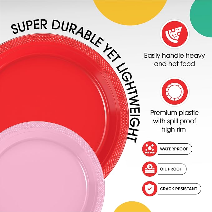 Exquisite Party Solids Red & Pink Plates Disposable Red & Pink Plastic Plates 100 Pieces - 50-7" & 50-9" Heavy Duty 350 GSM Disposable Dinnerware Sets, Plastic Dinnerware Sets