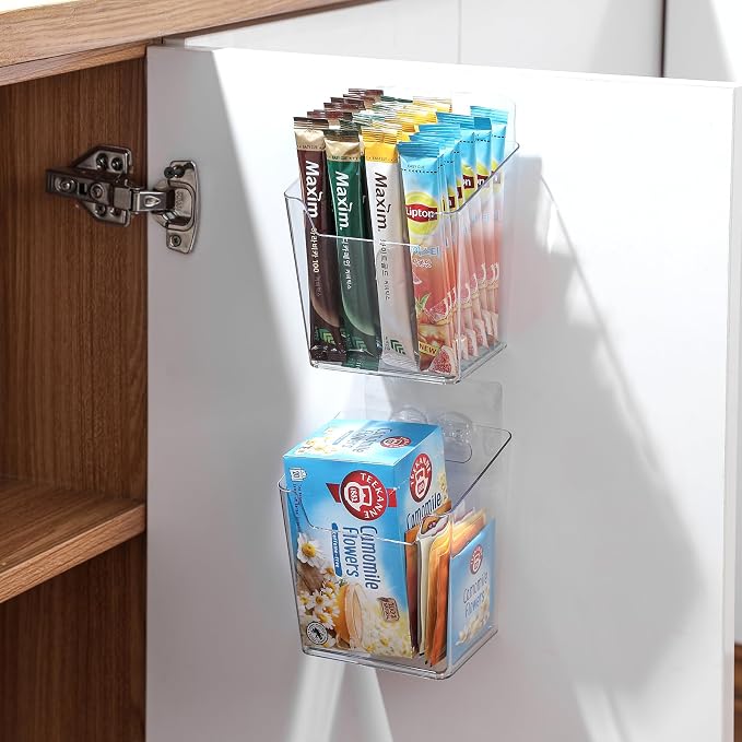 2-Pack Adhesive Cabinet Door Organizer, Hanging Storage Bins, Stick on Small Wall Basket, Bathroom Makeup Organizer, Inside Under Cabinet Storage Container for Kitchen, Pantry Organizer, Office, Dorm