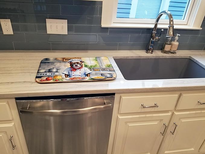 Caroline's Treasures DAC6330DDM Staffordshire Bull Terrier The Chef Dish Drying Mat Absorbent Dish Drying Mat Pad for Kitchen Counter Dish Drainer Mat for Countertop, 14 x 21", Multicolor