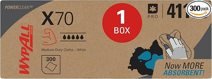 WypAll X70 Extended Use Reusable Cloths (41100), Flat Sheet Box, Long Lasting Performance, White, 1 Box, 300 Sheets