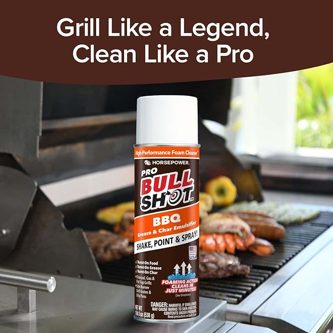 Bull Shot BBQ MAX Pro Super-Concentrated Foaming Grill Cleaner, AS SEEN ON TV, Made in USA, Shake, Point & Spray, Emulsifies Grease & Char on Grills, Stove Burners, Drip Pans & More