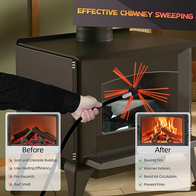 23 Feet Chimney Sweep Kit, Chimney Cleaning Kit with 7 Flexible Black Chimney Rods, Rotary Chimney Cleaning System Driven by Drill for Sweeping Fireplace, Chimney Cleaners with Strong Brush