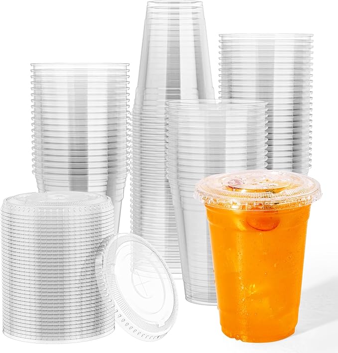 JOLLY CHEF 16 oz Plastic Cups with Lids, 500 Packs Crystal PET Clear Cups, Disposable Ice Coffee Cups with Lids For Coffee Milkshake Daily Use, Party, Wedding, Christmas