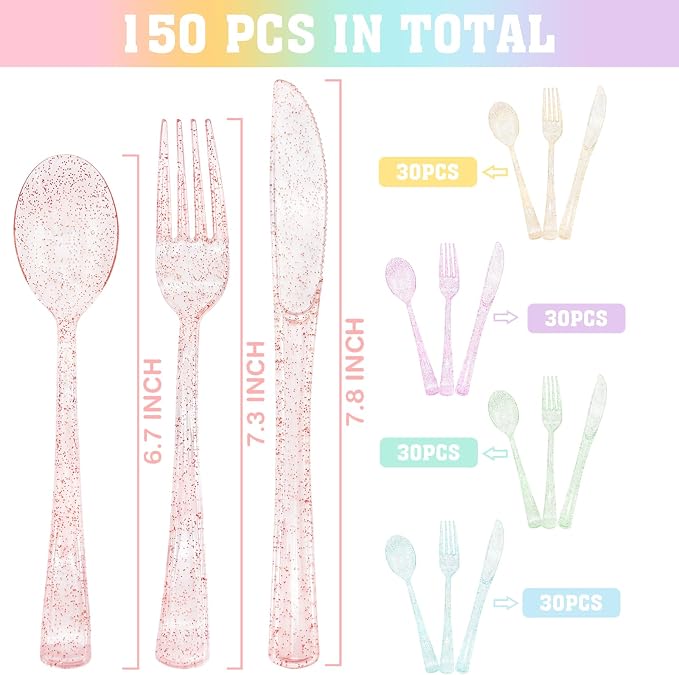 150 PCS Clear Pastel Plastic Silverware Disposable Pastel Utensils Set Heavy Duty Includes 50 Forks 50 Knives 50 Spoons for Birthday Wedding Baby Shower, Tea Party