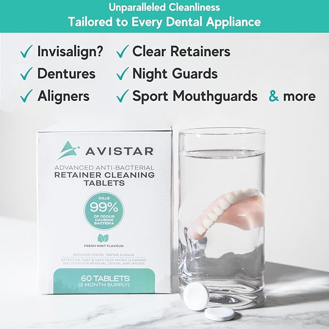 Retainer & Mouth Guard Cleaner Tablets - Mint Flavor Retainer Cleaner Tablets & Invisalign Cleaner -Denture Cleaning Tablets, Denture Cleaner, Aligners, Night Guard - Oral Dental Care