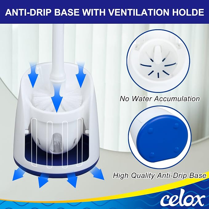 CELOX Toilet Bowl Brush and Holder, Compact Toilet Brush with Breathable Ventilation Stand Base, Bathroom Cleaning Kit, White, 2 Set