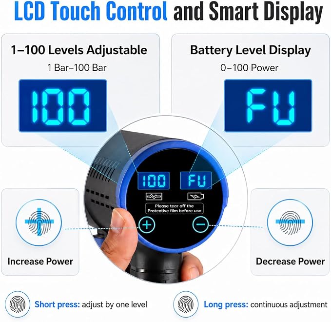 Cordless Pressure Washer Brushless Portable Power Washer 21V | LCD Display, 100 Levels Adjustable, 2x21V Batteries, 6-in-1 Nozzle. Lightweight Car Washer for Patio, RV, Fence & Yard