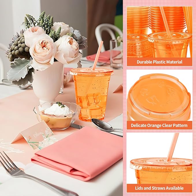 100 Set Orange Plastic Cups with Lids and Straws 12 oz Disposable Drinking Clear Cups for Wedding Orange Birthday Party Supplies