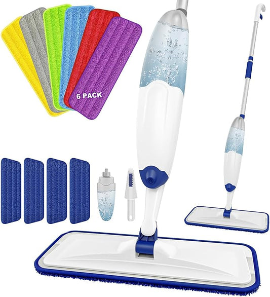 HOMTOYOU Spray Mops with 10 Reusable Pads: Wet Mop for Hardwood Tile Wood Laminate Vinyl - Absorbs Pet Hair Dust