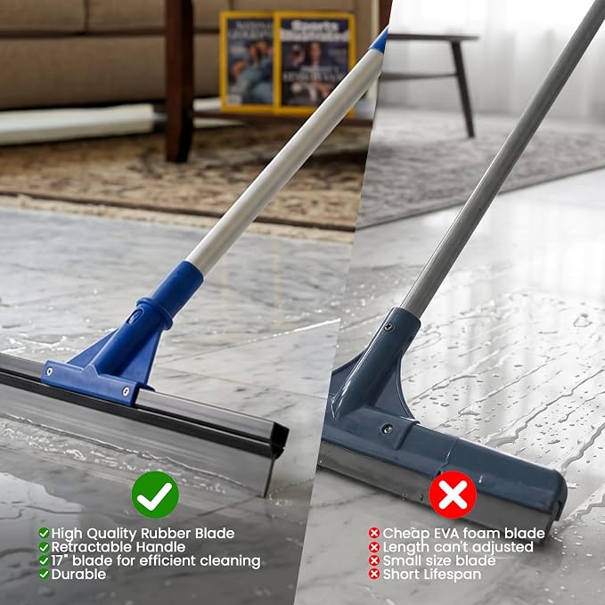 Floor Squeegee for Concrete Floor, 18'' Rubber Wiper Squeegee Broom with 60" Long Handle, Commercial Scrubber Mop for Bathroom Kitchen Pool Glass