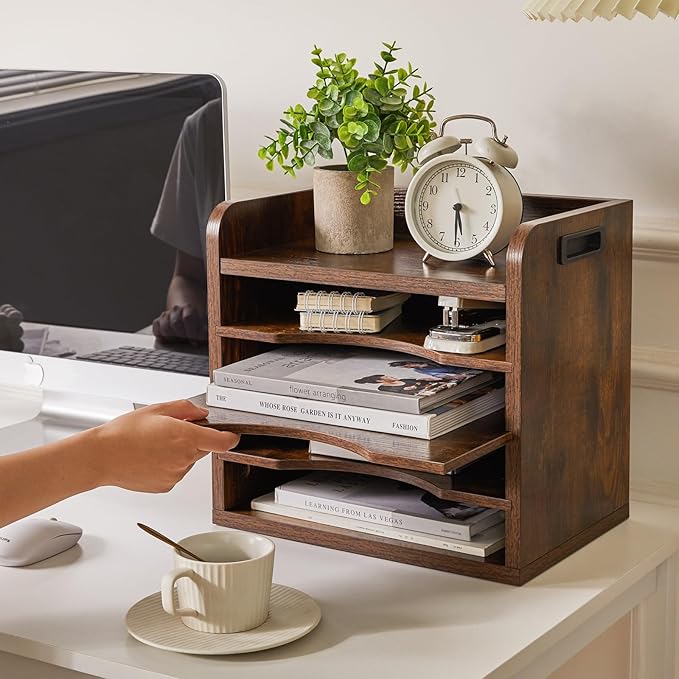 YMYNY Desktop File Organizer with Handle, Document Letter Mail Tray Sorter with 3 Adjustable Shelves, 5 Tiers Paper Holder for School Home Office Desk, Rustic Brown,13.4 * 12.4 * 9.06" UHBC006H