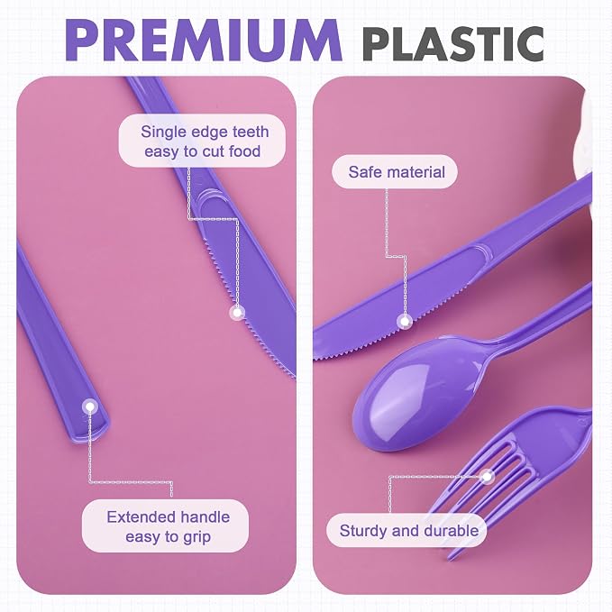 Kochorie 300 Pieces Purple Plastic Silverware, Disposable Plastic Utensils, Heavy Duty Cutlery Set Heavyweight Flatware Includes Spoons Forks Knives for Birthday Party Prom Night Wedding Dinner