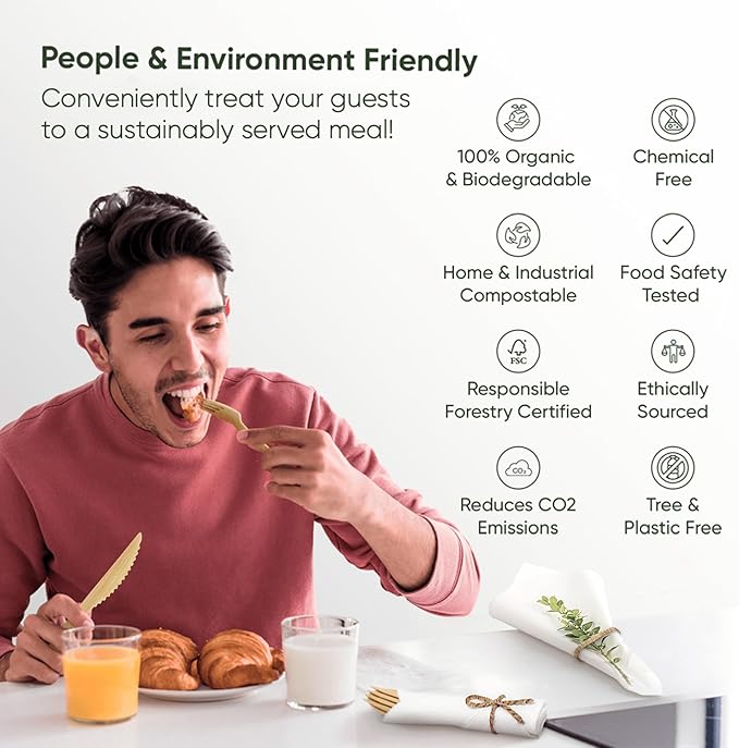 EcoPreps Luxury Pre-Rolled Napkin and Bamboo Cutlery Set (30 Pack, 120 PCS) 100% Biodegradable, Eco-Friendly, Disposable Wrapped Cutlery - Includes Pre-Wrapped Bamboo Forks, Knives, Spoons, & Napkins