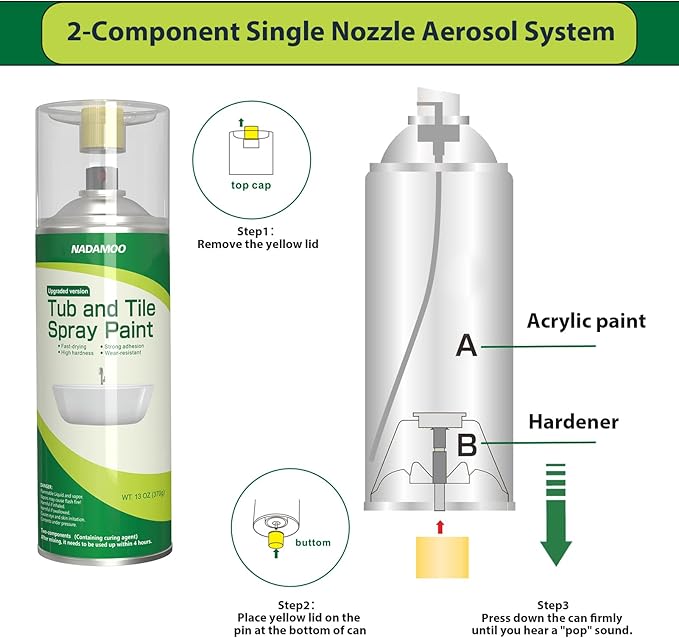 NADAMOO 2-Parts Tub and Tile Spray Paint, Enamel Aerosol Refinishing Paint for Bathroom Porcelain Bathtub Sink, 1 Can, Semi-Gloss White
