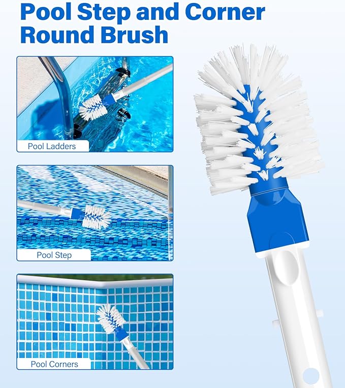 4-in-1 Deluxe Pool Cleaning kit, Pool Cleaning Tools with 10Ft Adjustable Pole, 13.4'' Fine Mesh Skimmer Net, 17.3'' Swimming Pool Brush & Extra Brush Head for Cleaning Inground & Above Ground Pools