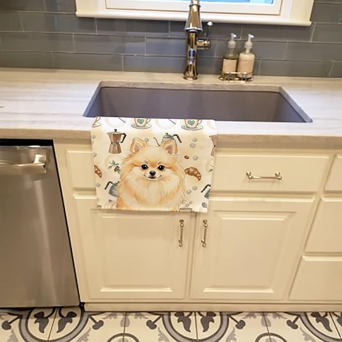 Caroline's Treasures Cream Pomeranian Coffee Bar Kitchen Towel Velour Plush Front and Cotton Loop Back Machine Washable