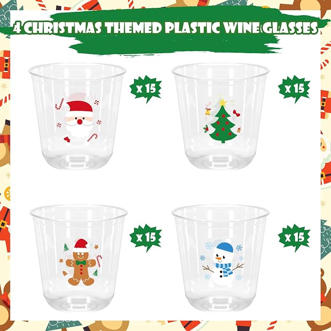 Whaline 60Pcs Christmas Plastic Cups 12 Oz Winter Snowman Gingerbread Man Santa Xmas tree Disposable Clear Stemless Wine Cocktail Glasses PET Drinkware Cups Set for Holiday Party Supplies