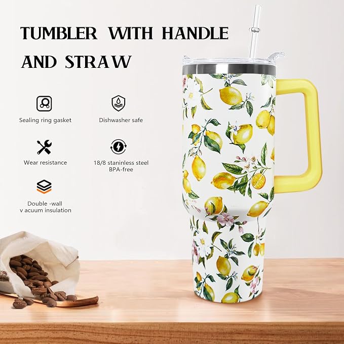 Ceovfoi 40 oz Lemon Print Stainless Steel Tumbler With Lid and Straw - Yellow Coffee Travel Mug Cup Water Bottle - Gifts for Lemon Lovers
