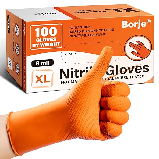 Borje Orange 8 Mil Nitrile Disposable Gloves, Heavy-Duty Mechanic Gloves, 100 Count, X-Large, Latex & Powder Free with Raised Diamond Texture, Industrial, Automotive, Gardening
