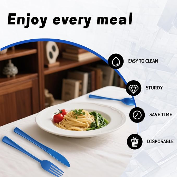 Plastic Silverware 300 PCS Disposable Silverware Heavy Duty Utensil Sets 100 Of Each Forks Knives & Spoons Disposable Cutlery Set For Easter,Birthday,Baby Shower,Garden Party,Wedding(300,Blue)