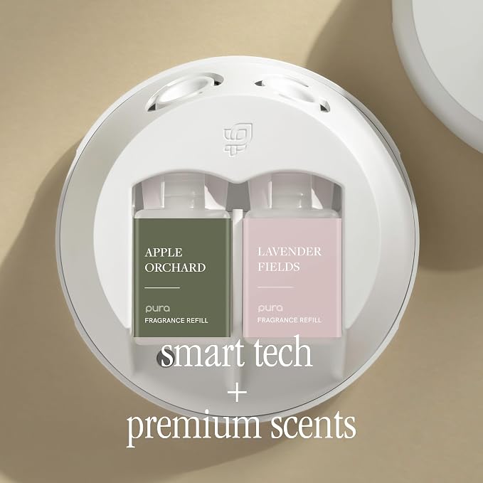 Pura Smart Home Fragrance Device Starter Set - Pura 4 - Scent Diffuser for Home - Includes Fragrance Aroma Diffuser - Square Box, Apple Orchards and Lavender Fields Scent Refills