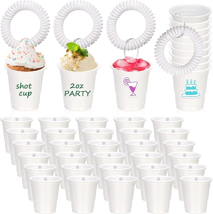 30 Pcs White Shot Cups with Wristband for Party 2oz Plastic Shot Glasses Bulk Disposable Mini Shot Glasses with Bracelet Wear On Solo Cups for Wedding Graduation Party Beer Taste Serving Birthday