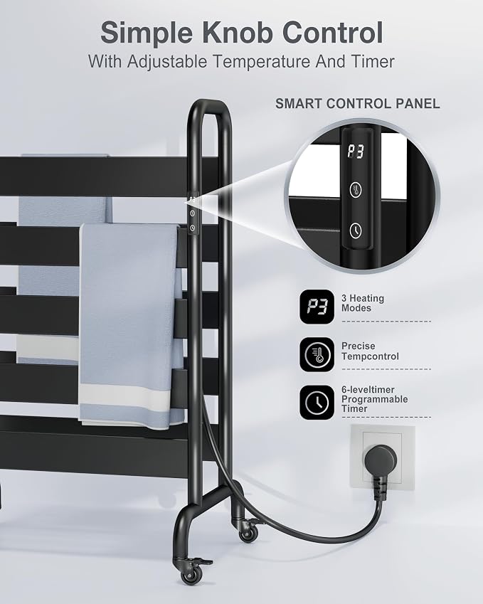 Freestanding Heated Towel Rack 10-Bar, Double Layer Electric Towel Warmer with Wheels, 400W Fast Heating, Adjustable Temperature 110–170°F, Timer & Auto Shut-Off, Space Aluminum, Black