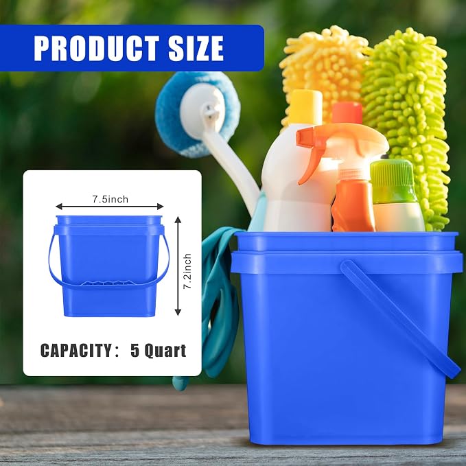 Jingmore 4 Pcs Plastic Bucket 5 Quart Square Bucket Utility Small Pail with Handle Sturdy Pail Organizer for House Cleaning Storage Livestock Feeding Car Washing Food Storage, No Lids(Blue)