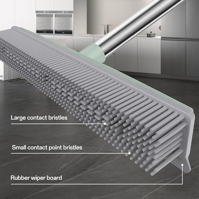 Pet Hair Rubber Broom with Squeegee for Carpet,Fur Remover Broom Carpet Rake for Pet Hair Removal, with 50" Long Handle, Dual-Sided for Hardwood Floor, Tile,Portable Detailing Lint Brush