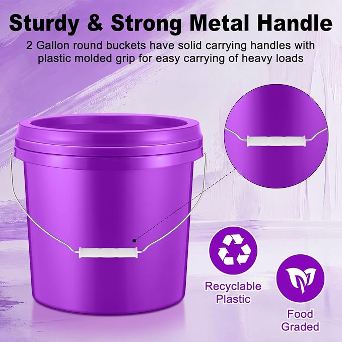 Tioncy 10 Pcs 2 Gallon Plastic Bucket with Lid Heavy Duty 2 Gallon Bucket Pail with Lid Handle for Storage Container Home Household Cleaning (Purple)